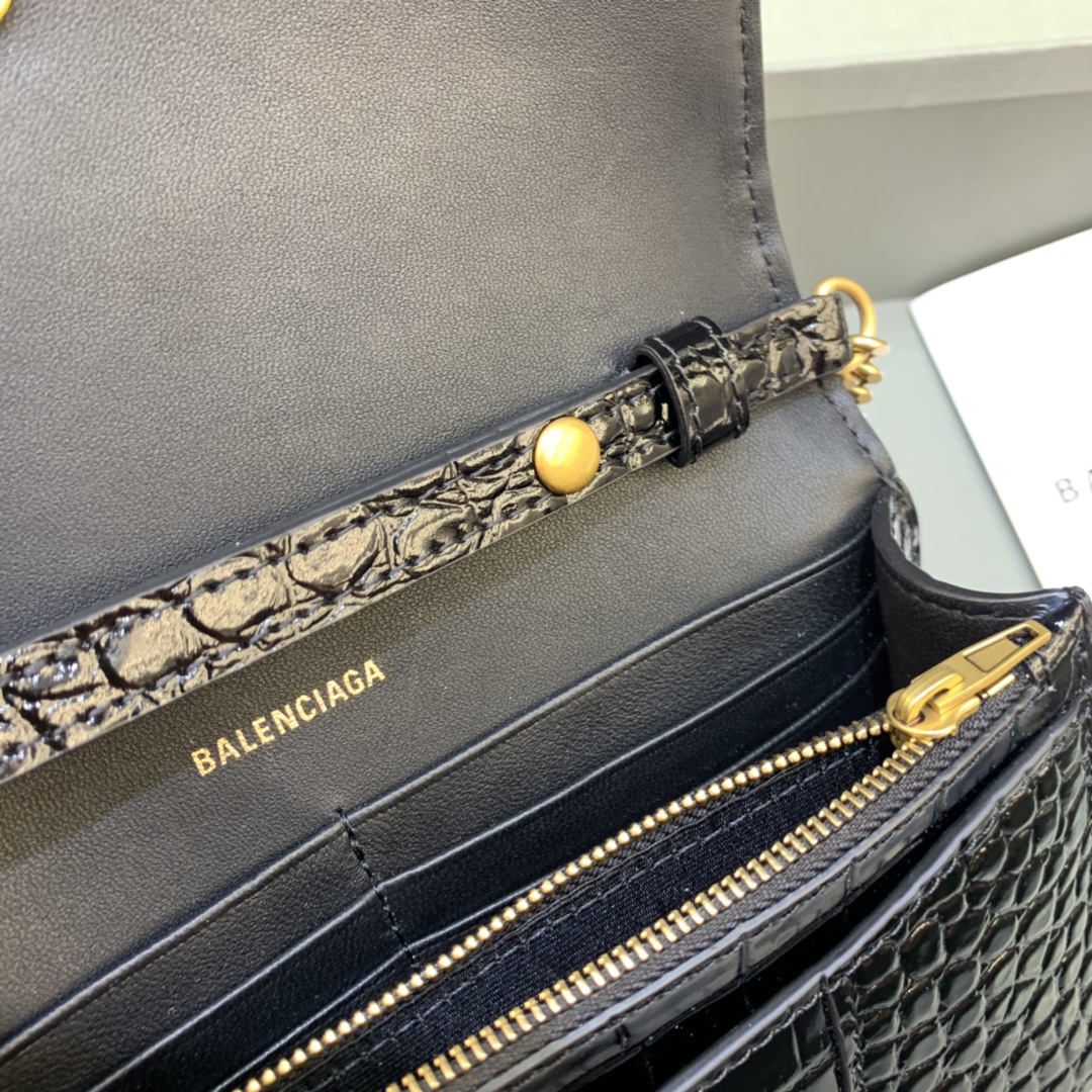 Balenciaga Small Hourglass Wallet With Chain Crocodile Embossed Shoulder Bag Black